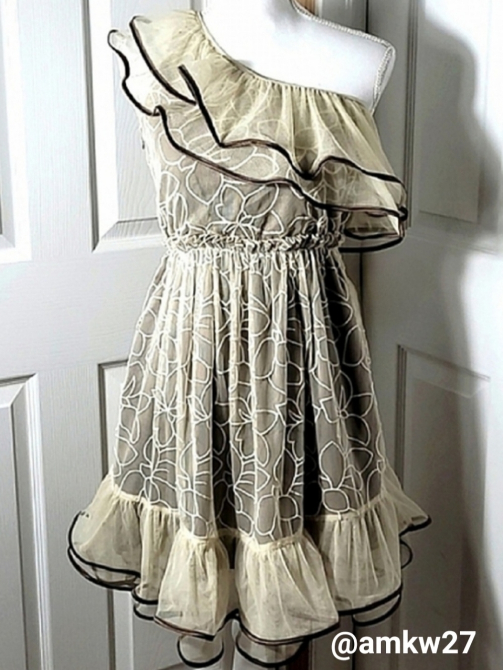 NWT Ryu One Shoulder Ruffle Dress Cream Floral Mesh Lace w/ Brown Underlayer